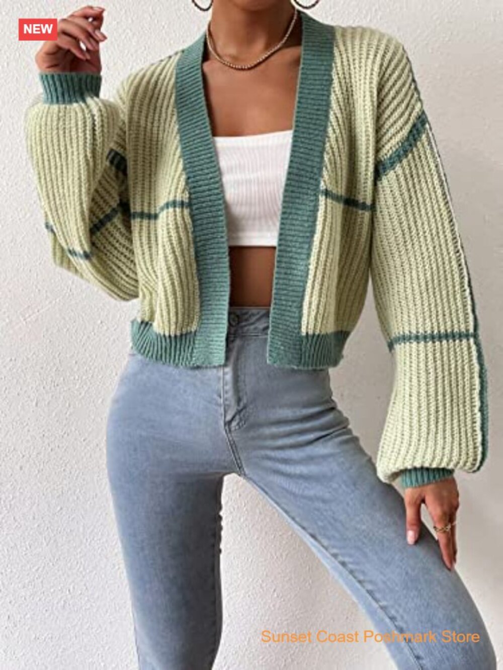 Color Block Crop Cardigan Top Bishop Long Sleeve Open Front Sweater - Picture 4 of 7